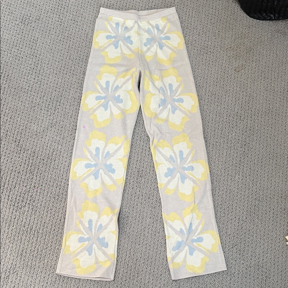 House of Sunny Floral Knit Wide-Leg Pants in Pale Yellow & Light Blue